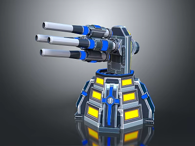 Futuristic Mechanical Turret With Multiple Barrels And Metallic Blue Yellow Details 3d model