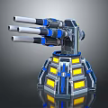 Futuristic Mechanical Turret With Multiple Barrels And Metallic Blue Yellow Details