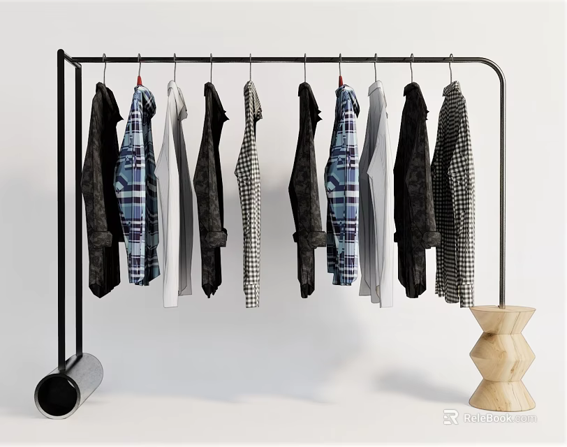 Black Metal Clothes Rack Hanging Various Shirts And Coats With Wooden Base 3d model 