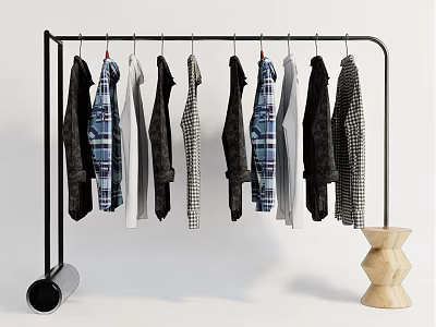 Black Metal Clothes Rack Hanging Various Shirts And Coats With Wooden Base 3d model