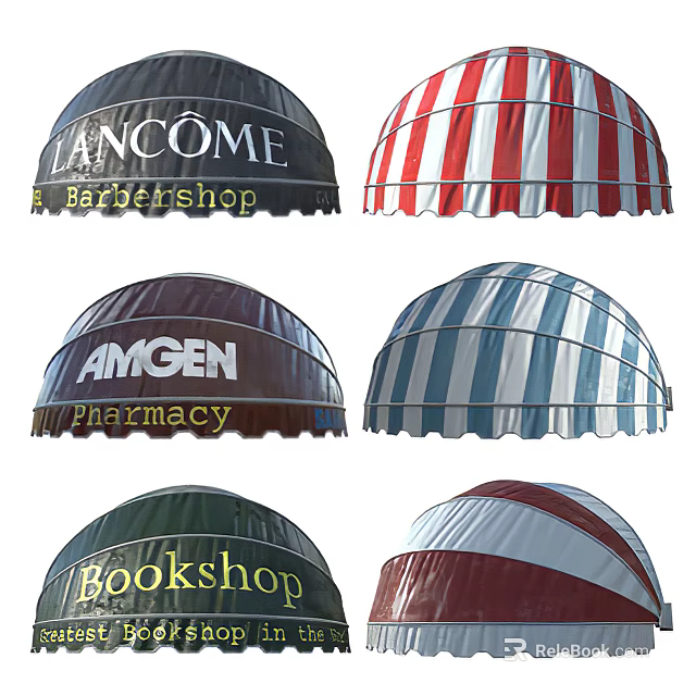 Colorful Striped Commercial Awnings with Various Designs for Barbershop Pharmacy Bookshop Storefronts 3d model 