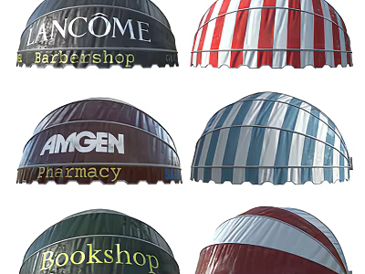 Colorful Striped Commercial Awnings with Various Designs for Barbershop Pharmacy Bookshop Storefronts 3d model