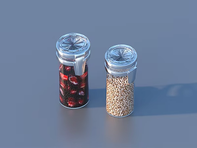 Transparent Spice Jars With Silver Lids Containing Red Granules And Beige Seeds 3d model