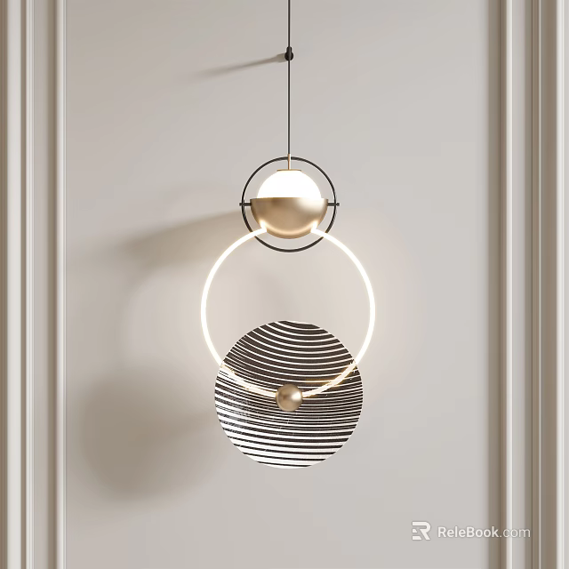 Modern Wall Lamp With Geometric Rings And Striped Sphere On Light Beige Wall 3d model 