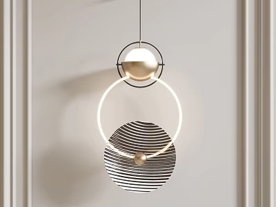 Modern Wall Lamp With Geometric Rings And Striped Sphere On Light Beige Wall 3d model
