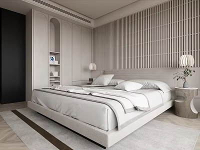 Modern Bedroom Interior With Wooden Slatted Wall White Bed Nightstand And Table Lamp 3d model