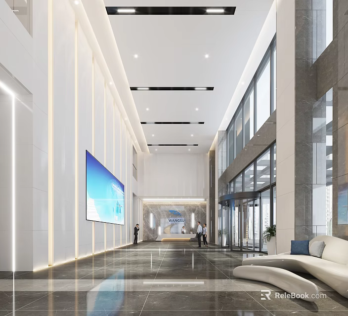 Modern Lobby Reception Desk Interior With Large Digital Screen Glass Doors And Sleek Lighting 3d model 