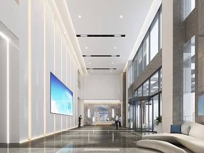 Modern Lobby Reception Desk Interior With Large Digital Screen Glass Doors And Sleek Lighting 3d model
