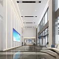 Modern Lobby Reception Desk Interior With Large Digital Screen Glass Doors And Sleek Lighting