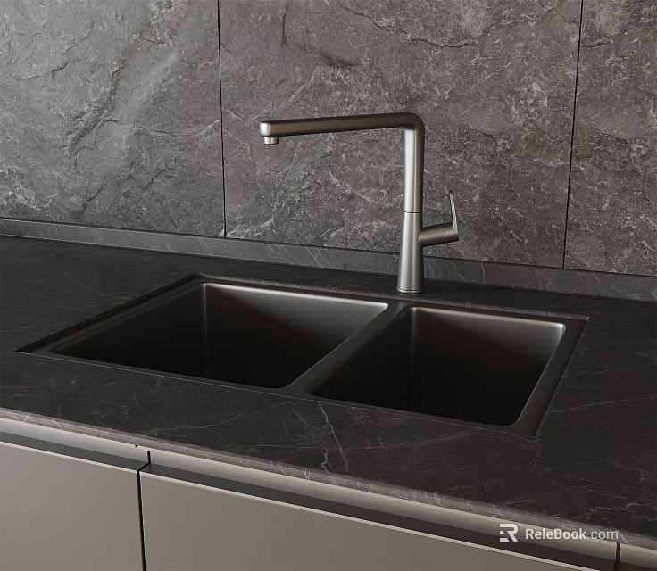 Modern Double Bowl Kitchen Sink With Stainless Steel Faucet Black Marble Countertop Grey Stone Backsplash 3d model 