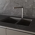 Modern Double Bowl Kitchen Sink With Stainless Steel Faucet Black Marble Countertop Grey Stone Backsplash