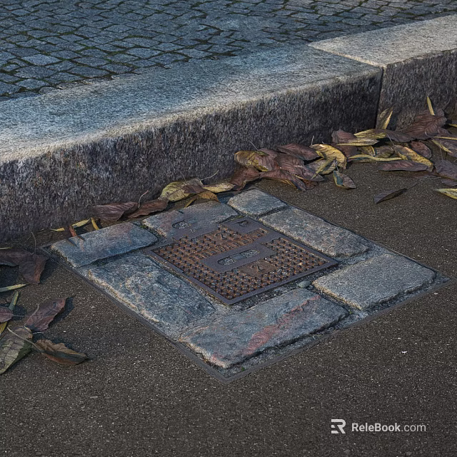 Road Infrastructure Features Metal Manhole Cover On Paving Stones With Fallen Leaves 3d model 