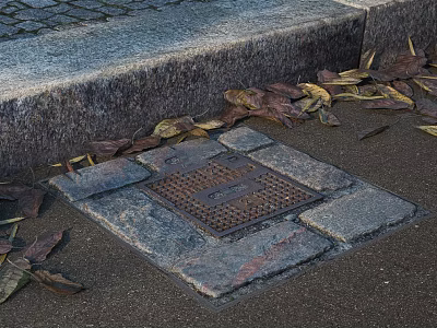 Road Infrastructure Features Metal Manhole Cover On Paving Stones With Fallen Leaves 3d model