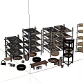 Wooden Shelving Units with Woven Baskets and a Person Organizing Items in Rustic Storage Space