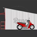 Small Red And White Store Building With Red Awning And Motorcycle Parking