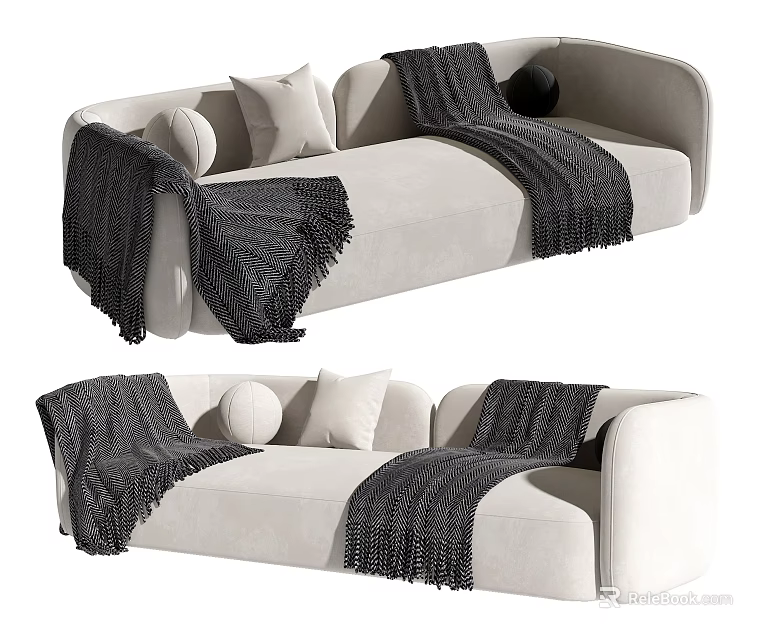 Light Colored Two Seater Sofa With Curved Design Gray Blanket And White Cushions 3d model