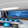 Modern Control Room Interior Design With Large Screens Circular Layout Workstations And Computers 3d model