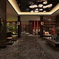 Elegant Modern Shop Front Desk With Marble Countertop Chandelier Green Plants And Sofa Seating