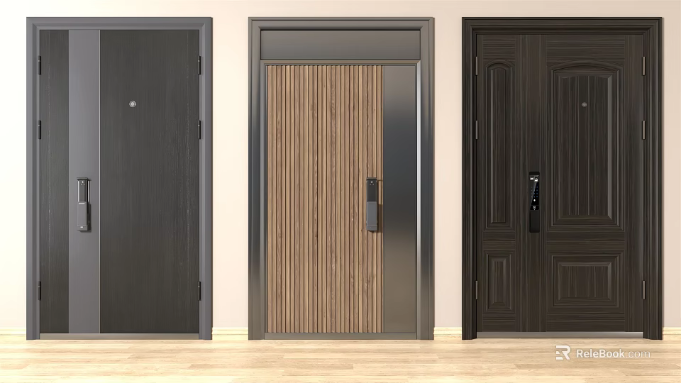 Various Security Doors Featuring Different Designs Wood Grain And Metal Frames 3d model