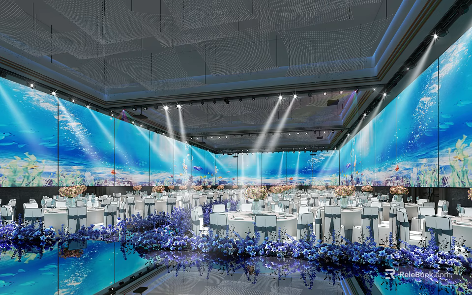 Elegant Banquet Hall Interior With Large Blue Background Screens Tables Chairs Lighting And Flowers 3d model 