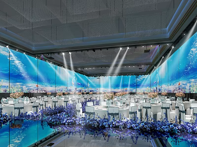 Elegant Banquet Hall Interior With Large Blue Background Screens Tables Chairs Lighting And Flowers 3d model
