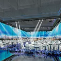 Elegant Banquet Hall Interior With Large Blue Background Screens Tables Chairs Lighting And Flowers