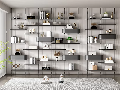 Modern Bookshelf Design With Multiple Shelves Books Decorative Ornaments Storage Boxes And Potted Plant 3d model