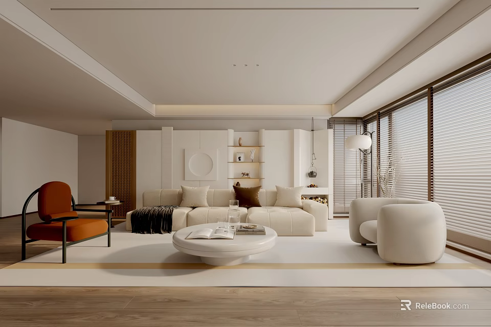 Modern Minimalist Living Room Interior With Beige Sofa Orange Armchair And White Round Coffee Table 3d model 