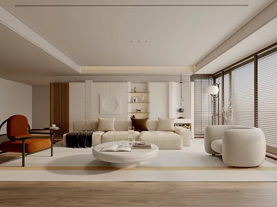 Modern Minimalist Living Room Interior With Beige Sofa Orange Armchair And White Round Coffee Table 3d model