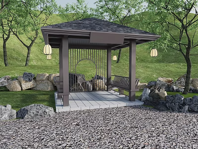 Garden Pavilion With Dark Roof Pillars Hanging Lanterns Bench Surrounded By Trees Stones And Grass 3d model