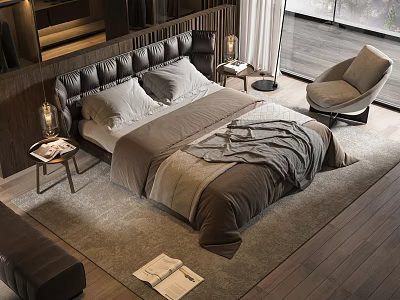 Modern Double Bed With Leather Headboard Neutral Bedding Wooden Flooring And Accent Chair 3d model