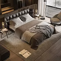 Modern Double Bed With Leather Headboard Neutral Bedding Wooden Flooring And Accent Chair