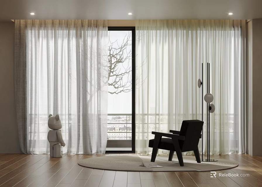 White Sheer Curtains in Modern Living Room with Black Chair and Tree Branch 3d model 