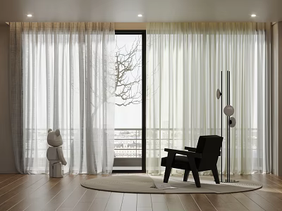 White Sheer Curtains in Modern Living Room with Black Chair and Tree Branch 3d model