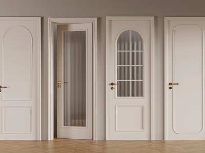 White Interior Doors With Different Designs Glass Windows Golden Handles And Wooden Floor 3d model