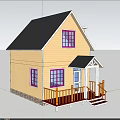 Detached House with Yellow Exterior Gray Roof Porch and Green Lawn Surrounded by Trees