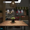 Modern Restaurant Interior With Gray Brick Walls Woven Pendant Lights And Green Plant Wall