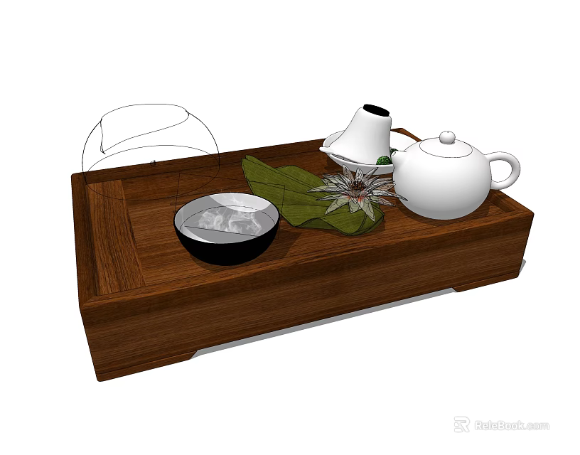 Traditional Tea Set on Wooden Tray with White Teapot Black Bowl and Green Leaf 3d model 
