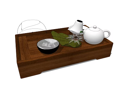 Traditional Tea Set on Wooden Tray with White Teapot Black Bowl and Green Leaf 3d model