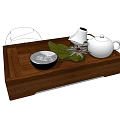 Traditional Tea Set on Wooden Tray with White Teapot Black Bowl and Green Leaf