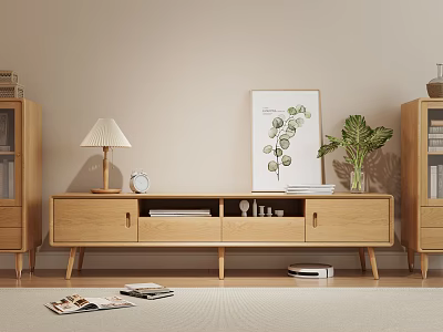 Minimalist Light Wood TV Stand With Lamp Art Plant And Magazines 3d model