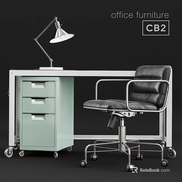 Modern Desk and Chair Set With Drawers Wheels Metal Frame Black Leather Armrests Table Lamp 3d model 