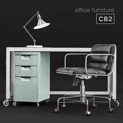 Modern Desk and Chair Set With Drawers Wheels Metal Frame Black Leather Armrests Table Lamp 3d model
