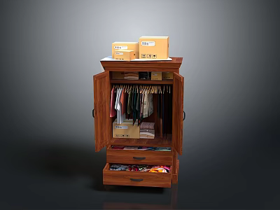 Open Wooden Wardrobe With Hanging Clothes Drawers And Cardboard Boxes On Top 3d model