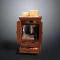 Open Wooden Wardrobe With Hanging Clothes Drawers And Cardboard Boxes On Top