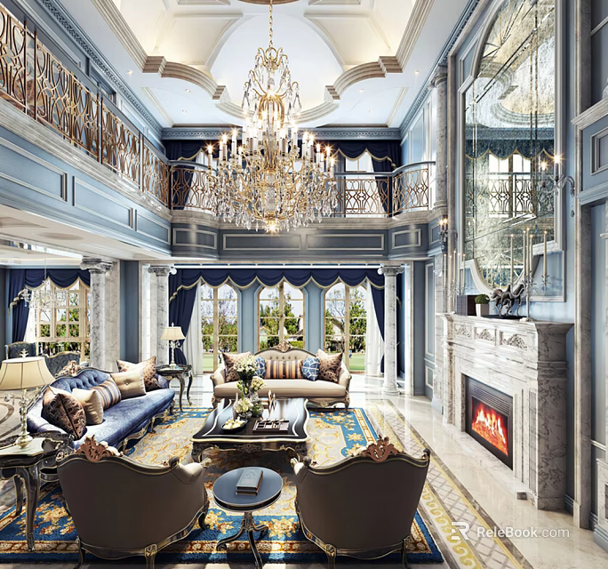 Luxurious Duplex Living Room With Ornate Chandelier Blue Walls Sofas And Fireplace 3d model 