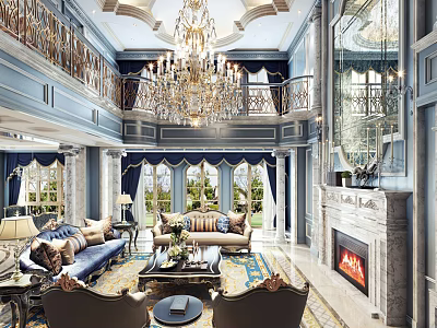 Luxurious Duplex Living Room With Ornate Chandelier Blue Walls Sofas And Fireplace 3d model