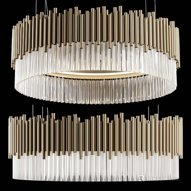 Modern Luxury Chandelier Featuring Gold Metal And Transparent Crystal Long Strips Layered Ring Design 3d model 