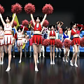 Women Cheerleaders Performing With Pom Poms In Stadium With Audience And Flags