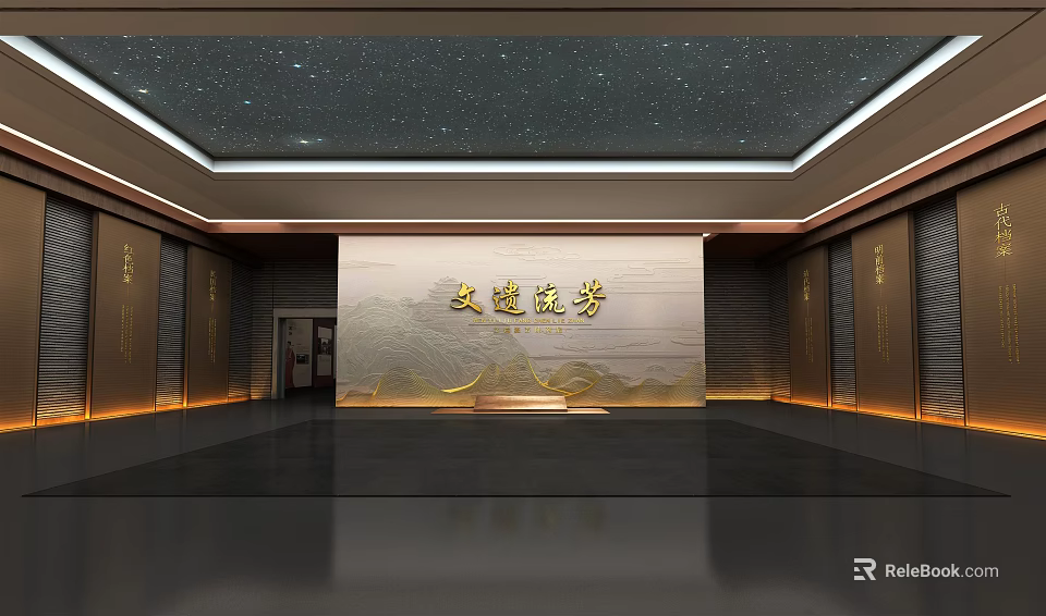 Cultural Tourism Hall Interior Design With Starry Ceiling Golden Characters And Dark Walls 3d model 